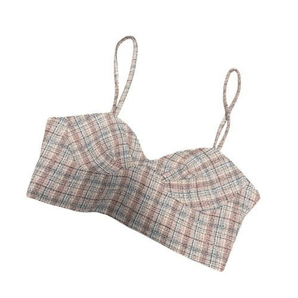 Zara Tweed Bustier Crop Top Pink Blue Plaid Sweetheart Neckline Small NEW